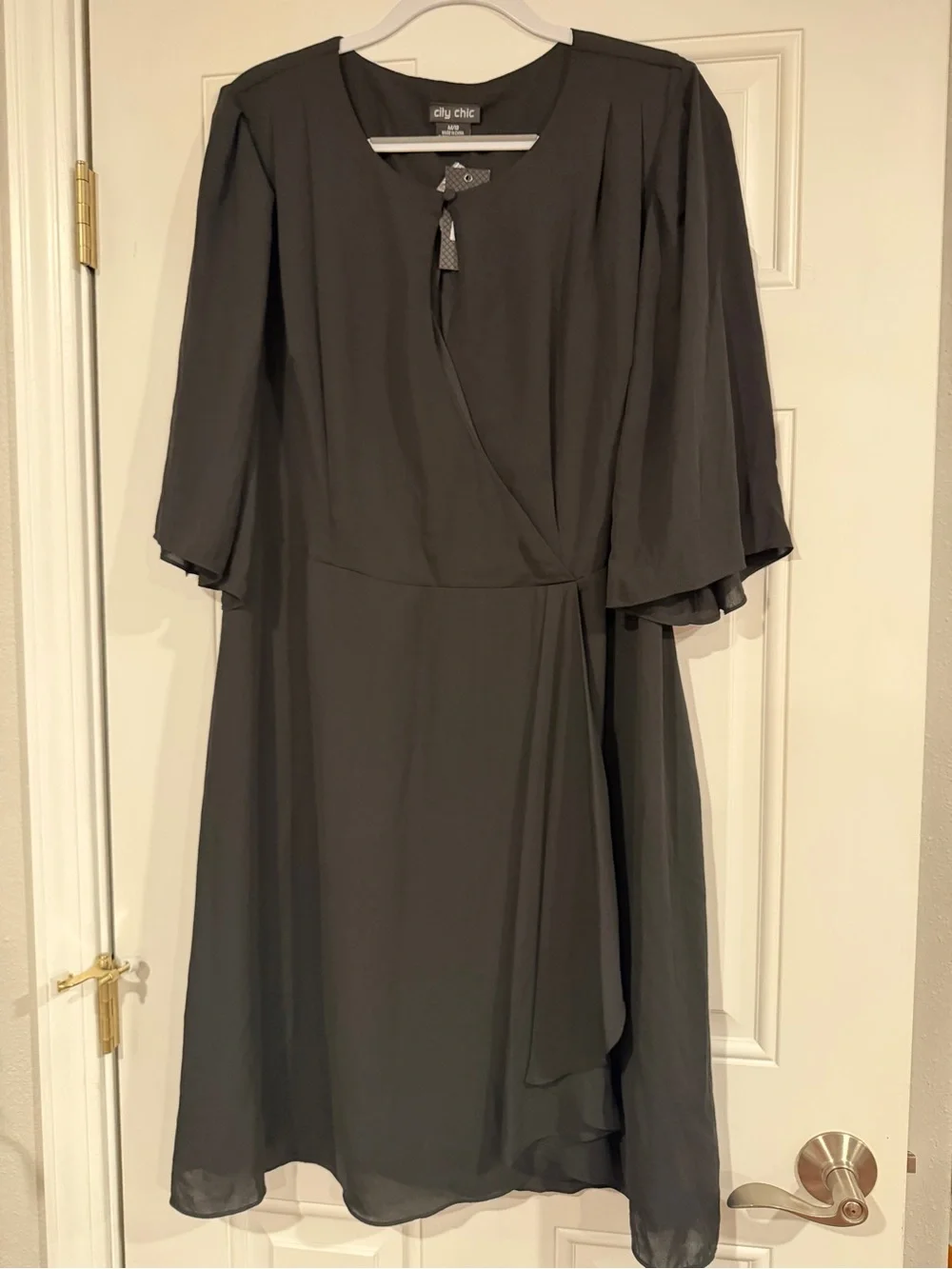 City Chic Charcoal Gray Wrap Midi Dress with Flutter Sleeves